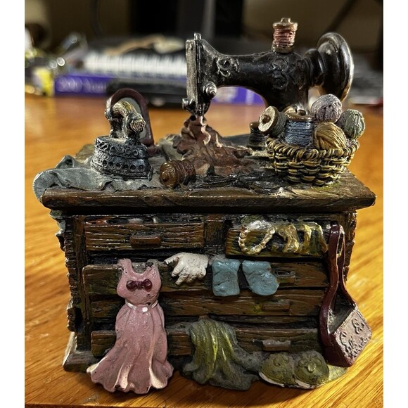 VTG Trinket Box Whimsical Sewing Machine Notions Chest Drawers Yarn Dress Lid - Picture 1 of 9